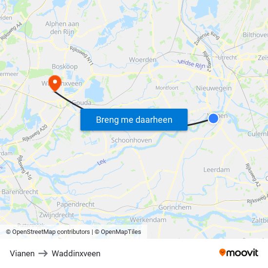 Vianen to Waddinxveen map