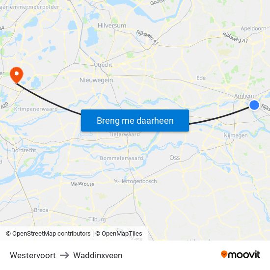 Westervoort to Waddinxveen map