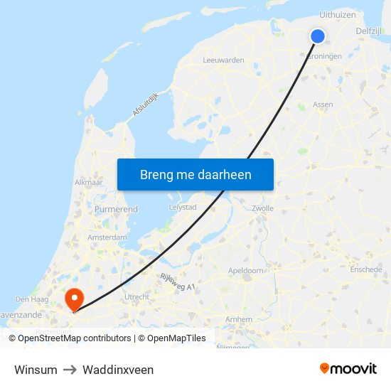 Winsum to Waddinxveen map