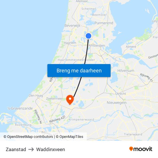 Zaanstad to Waddinxveen map