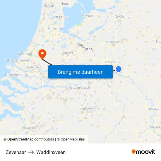 Zevenaar to Waddinxveen map