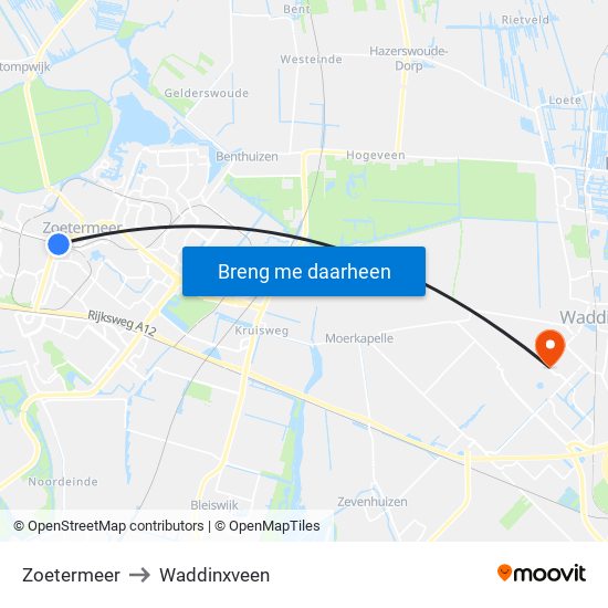 Zoetermeer to Waddinxveen map