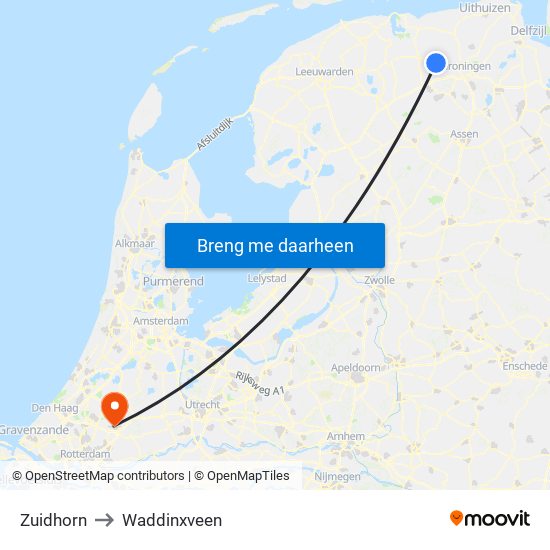 Zuidhorn to Waddinxveen map