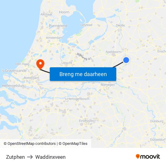 Zutphen to Waddinxveen map