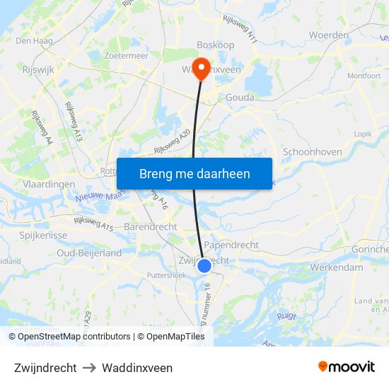 Zwijndrecht to Waddinxveen map