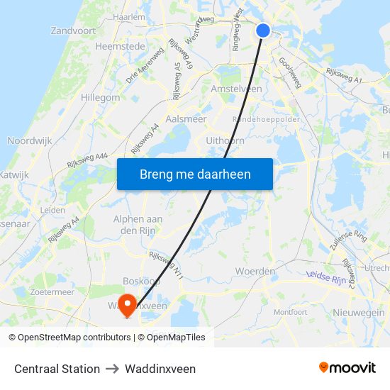 Centraal Station to Waddinxveen map