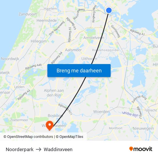Noorderpark to Waddinxveen map
