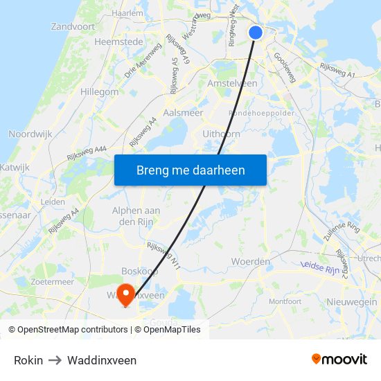 Rokin to Waddinxveen map