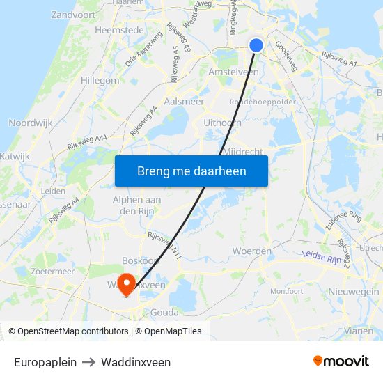 Europaplein to Waddinxveen map