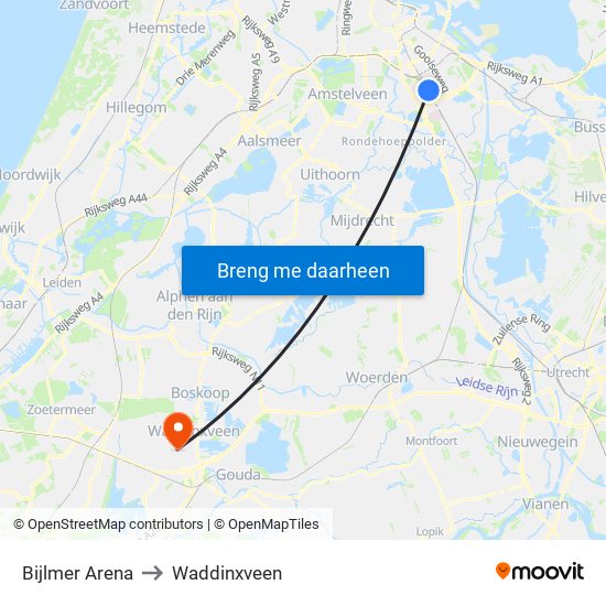 Bijlmer Arena to Waddinxveen map