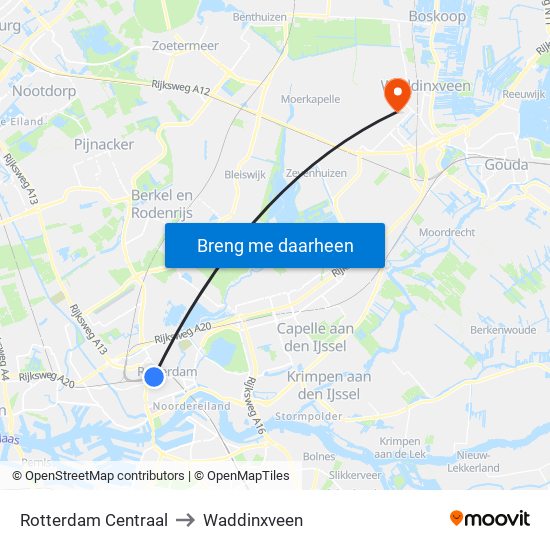 Rotterdam Centraal to Waddinxveen map