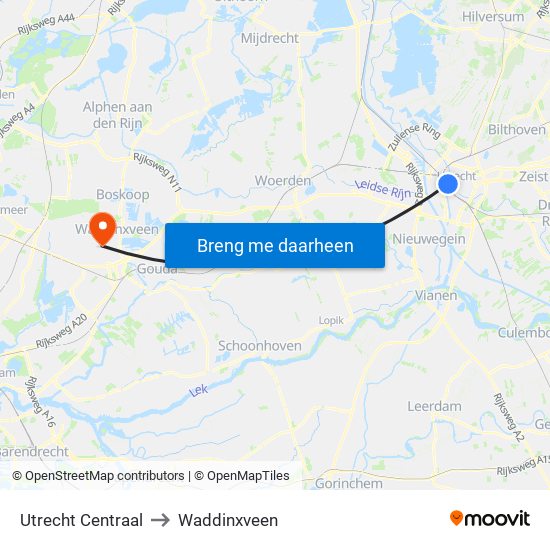 Utrecht Centraal to Waddinxveen map