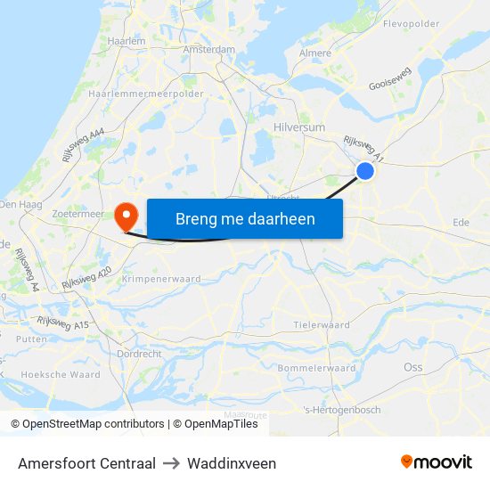 Amersfoort Centraal to Waddinxveen map