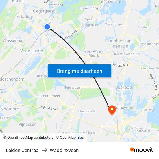 Leiden Centraal to Waddinxveen map