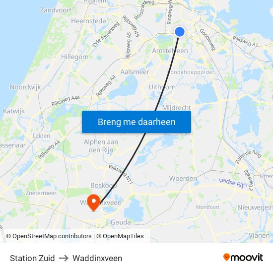 Station Zuid to Waddinxveen map