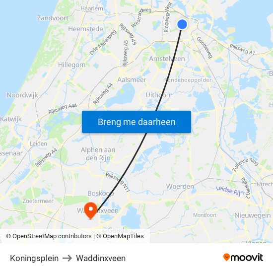 Koningsplein to Waddinxveen map