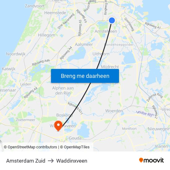Amsterdam Zuid to Waddinxveen map
