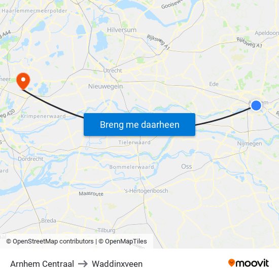 Arnhem Centraal to Waddinxveen map