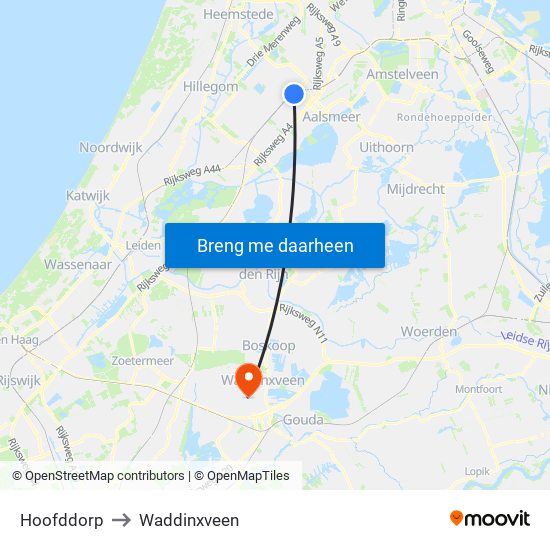 Hoofddorp to Waddinxveen map