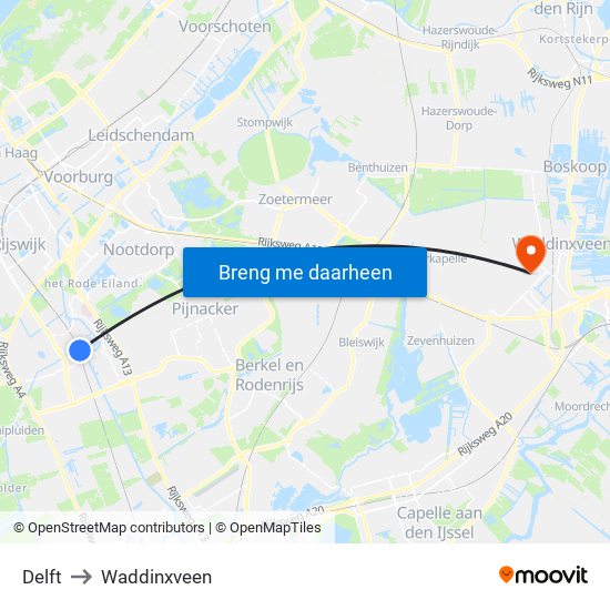 Delft to Waddinxveen map