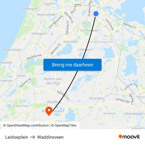 Leidseplein to Waddinxveen map