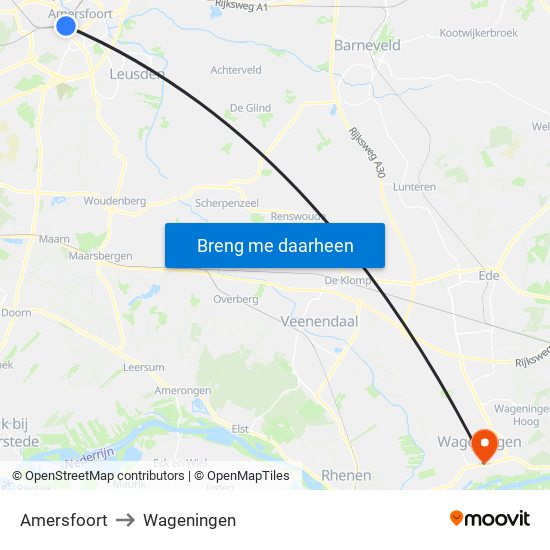 Amersfoort to Wageningen map