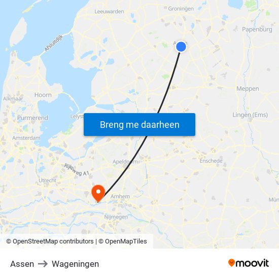 Assen to Wageningen map
