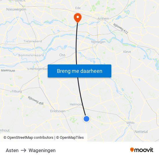 Asten to Wageningen map