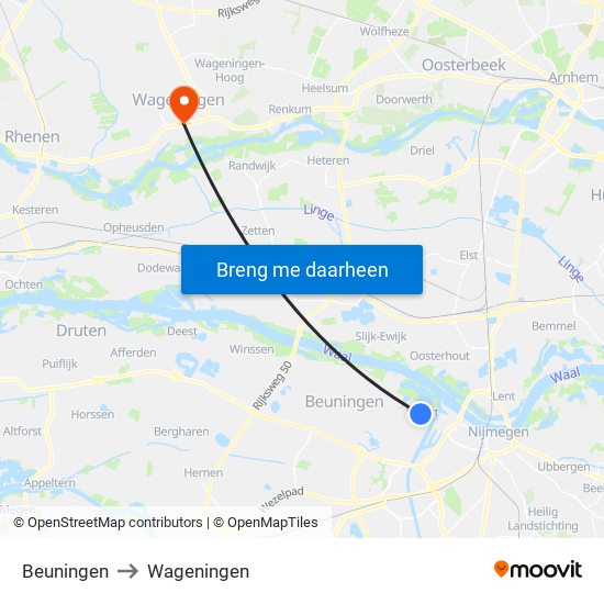 Beuningen to Wageningen map