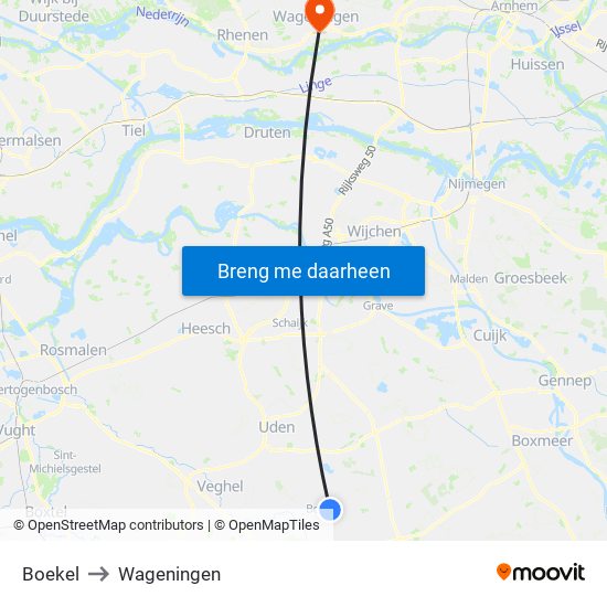 Boekel to Wageningen map