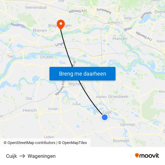 Cuijk to Wageningen map