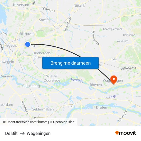 De Bilt to Wageningen map
