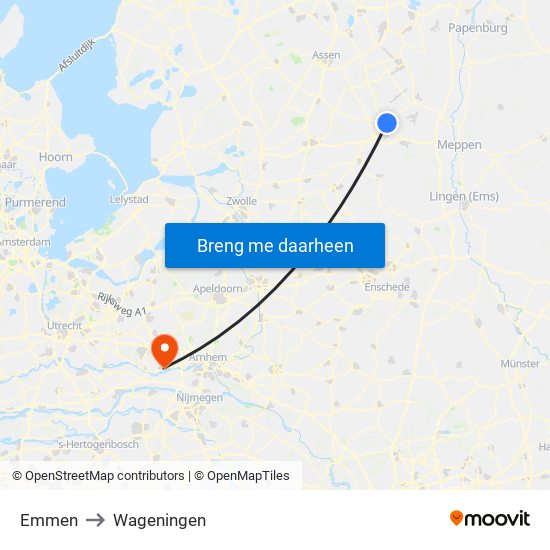 Emmen to Wageningen map