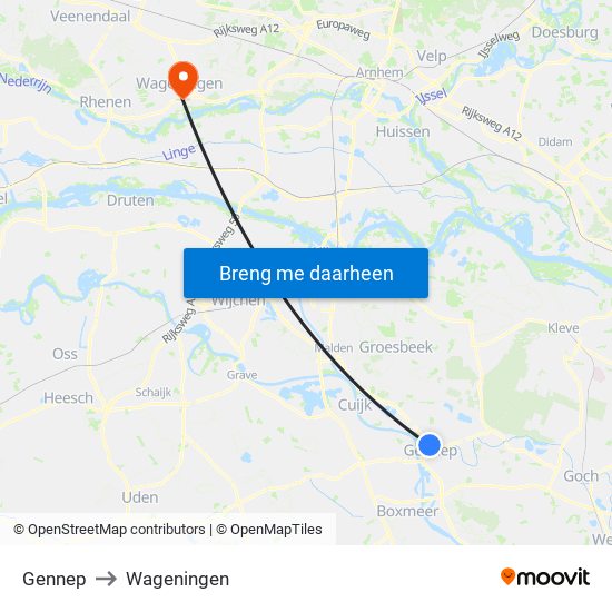 Gennep to Wageningen map