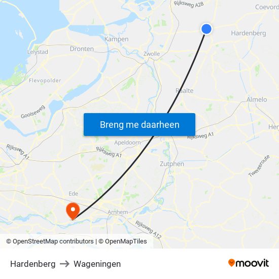 Hardenberg to Wageningen map