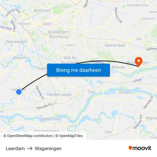 Leerdam to Wageningen map