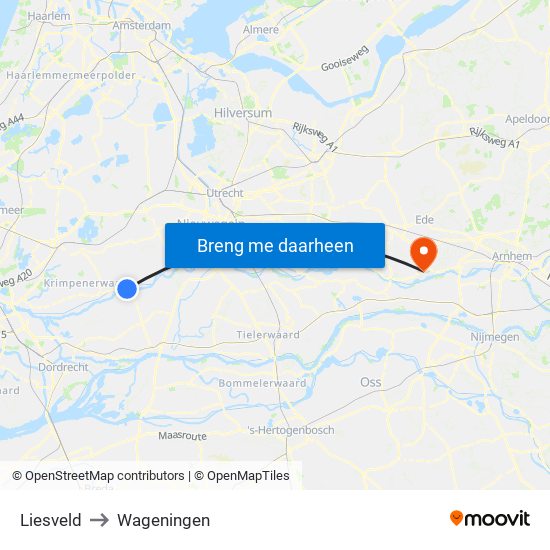 Liesveld to Wageningen map