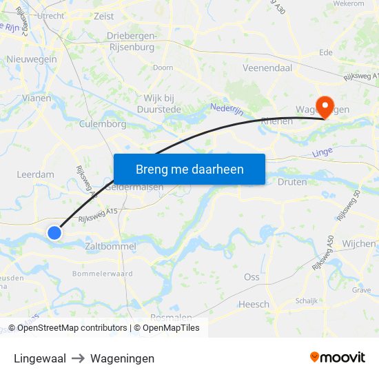 Lingewaal to Wageningen map