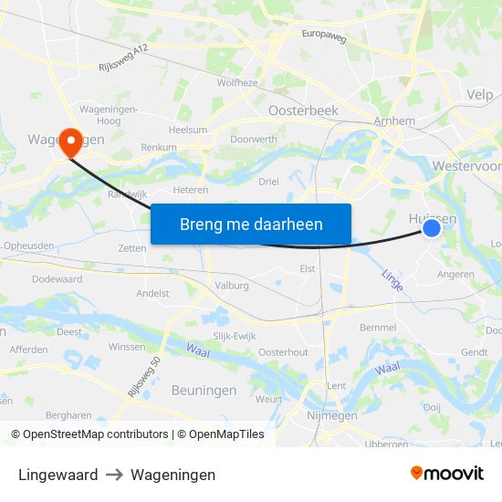 Lingewaard to Wageningen map