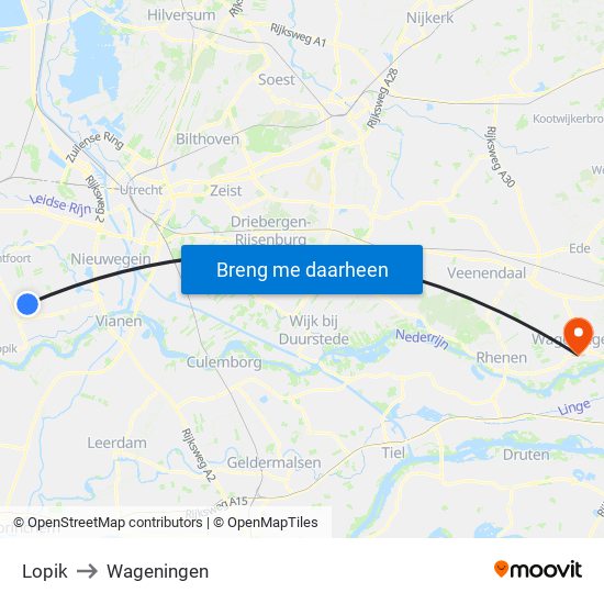 Lopik to Wageningen map