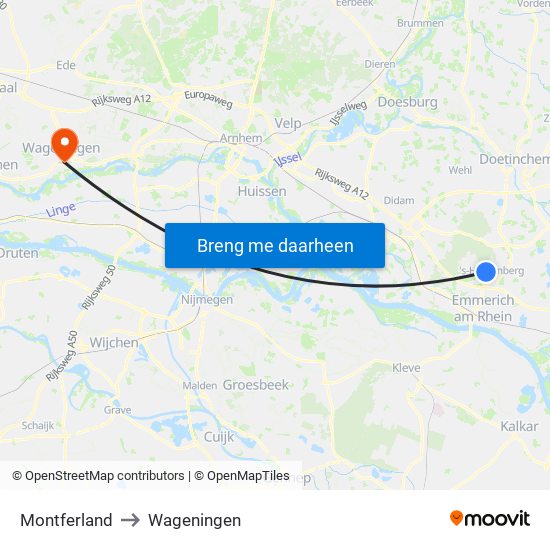 Montferland to Wageningen map