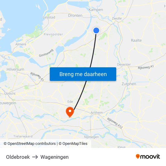 Oldebroek to Wageningen map