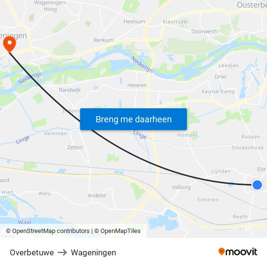Overbetuwe to Wageningen map