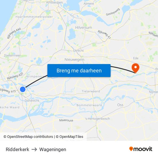 Ridderkerk to Wageningen map