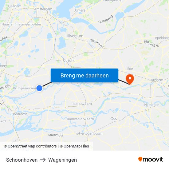 Schoonhoven to Wageningen map