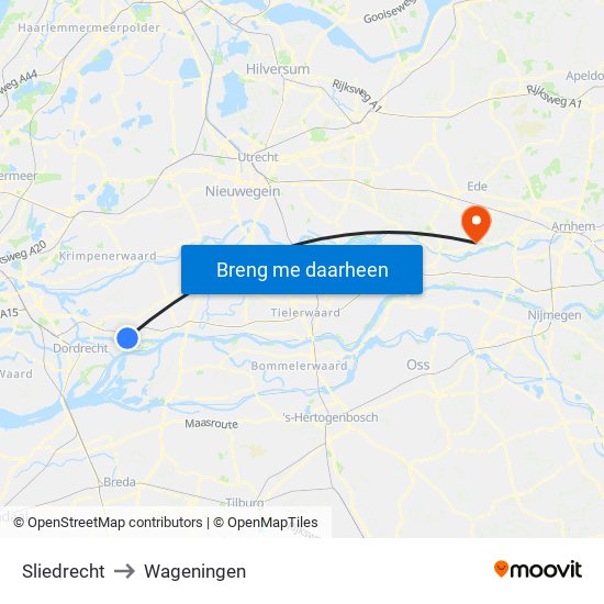 Sliedrecht to Wageningen map