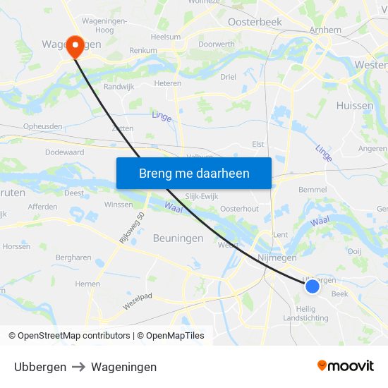 Ubbergen to Wageningen map