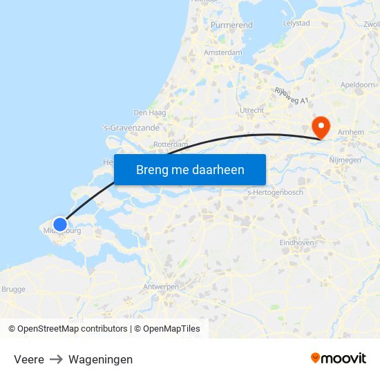 Veere to Wageningen map