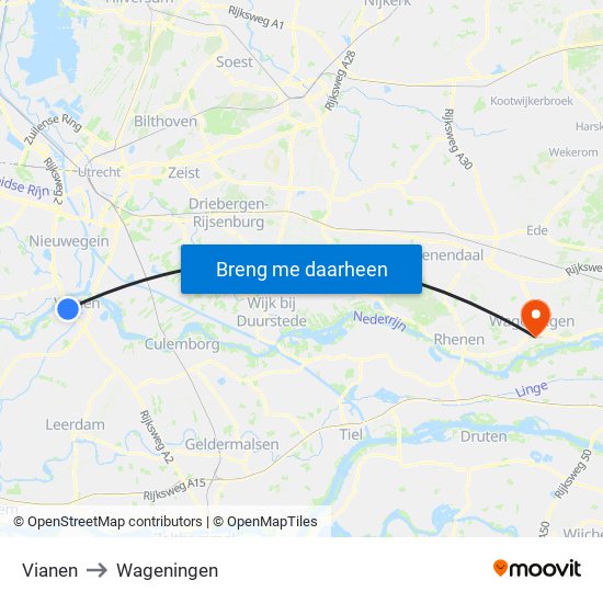 Vianen to Wageningen map