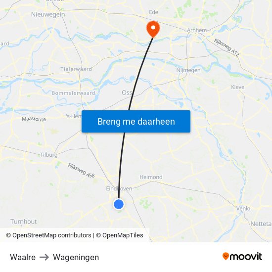 Waalre to Wageningen map
